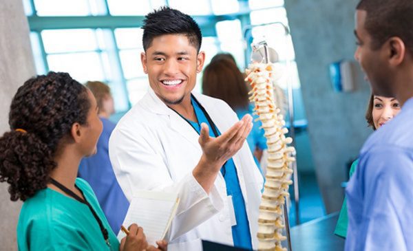 Chiropractic student displays a spinal model