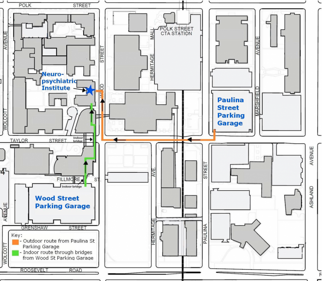 Accessibility map for clinical research center showing route from wood street parking garage through the outpatient care center to the neuropsychiatric building
