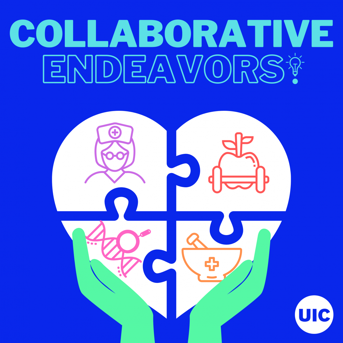 Collaborative endeavors podcast artwork featuring hands holding a heart puzzle with icons including a nurse, apple with hand weights, dna strand and mortar and pestle