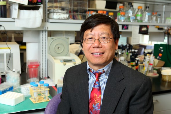 UIC’s Lijun Rong seated in front of a laboratory bench containing various scientific instrumentation