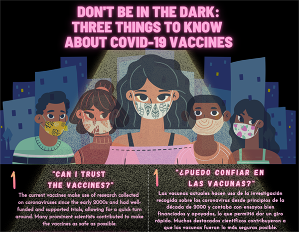 illustration of young black and hispanic men and women with the headline don't be in the dark: three things to know about COVID-19 vaccines