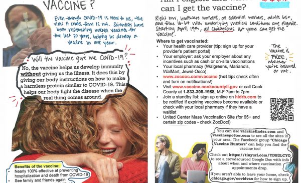 thumbnail of zine spread showing people hugging and headline should I trust the vaccine?