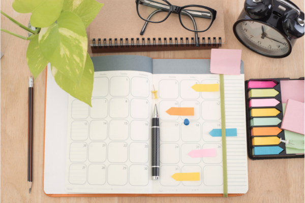 agenda planner with pens and stick pads