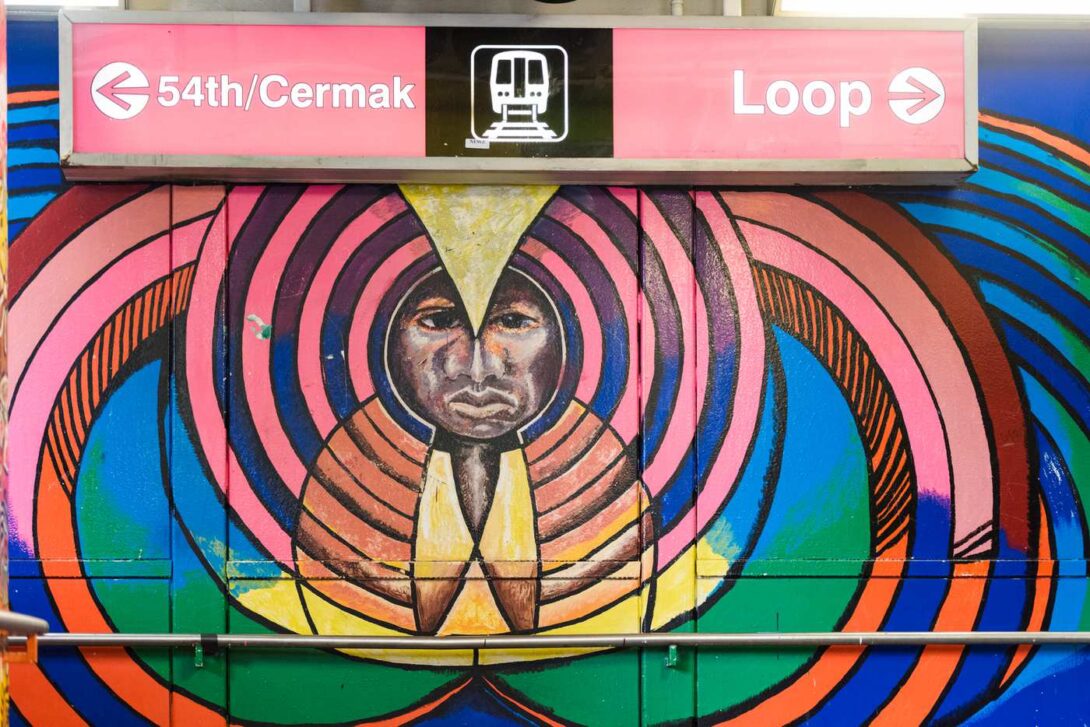 Pilsen Chicago street mural at 54th and Cermak Pink Line station created by Francisco Mendoza, 1993. Photo credit: Ken Carl and Kaitlynn Scannell for WTTW