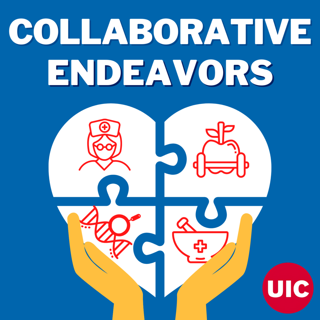 Collaborative endeavors podcast artwork featuring hands holding a heart puzzle with icons including a nurse, apple with hand weights, dna strand and mortar and pestle