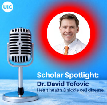 Podcast microphone and headshot of Dr. David Tofovic. Text reading Scholar Spotlight Dr. David Tofovic, heart health and sickle cell disease 