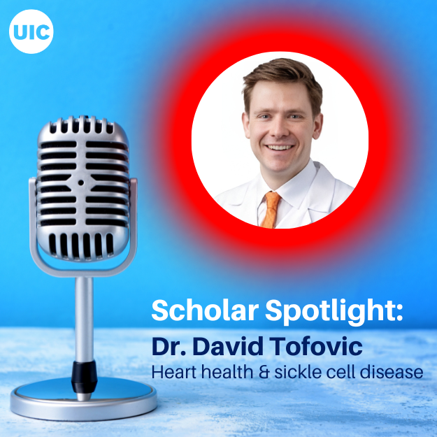 Podcast microphone and headshot of Dr. David Tofovic. Text reading Scholar Spotlight Dr. David Tofovic, heart health and sickle cell disease