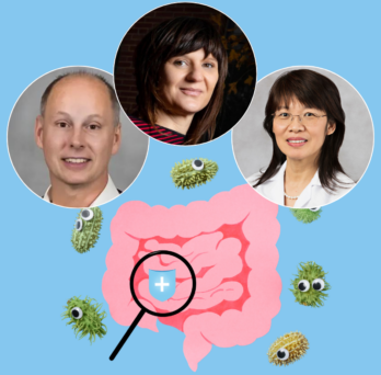 Graphic depiction of intestines and gut microbes with headshots of Michael Ragozzino, Beatriz Peñalver Bernabé and Jun Sun 