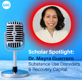 Podcast microphone and headshot of Dr. Mayra Guerrero. Text reading Scholar Spotlight Dr. Mayra Guerrero, Substance Use Disorders & Recovery Capital 