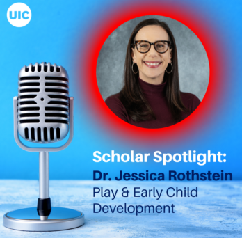 Podcast microphone and headshot of Dr. Jessica Rothstein. Text reading Scholar Spotlight: Dr. Jessica Rothstein, Play & Early Child Development 