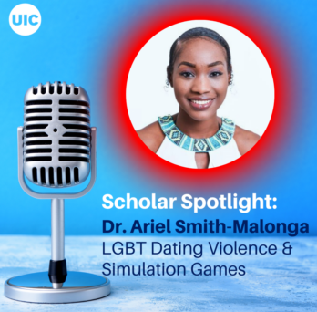 Podcast microphone and headshot of Dr. Ariel Smith-Malonga. Text reading Dr. Ariel Smith-Malonga, LGBT Dating Violence & Simulation Games 