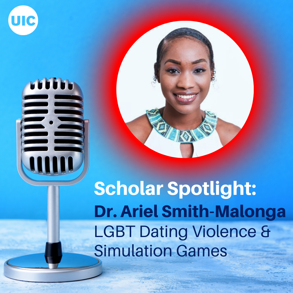 Podcast microphone and headshot of Dr. Ariel Smith-Malonga. Text reading Dr. Ariel Smith-Malonga, LGBT Dating Violence & Simulation Games