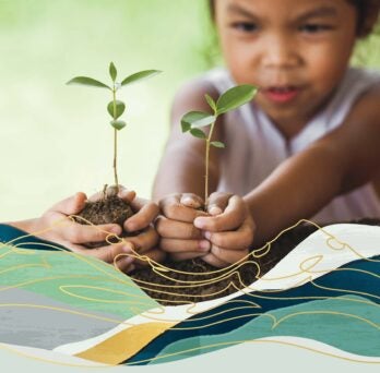 A child holds a seedling in her hands. Cover art of the 3rd Edition of Principles of Community Engagement. Published by the U.S. Centers for Disease Control and Prevention Agency for Toxic Substances and Disease Registry. 